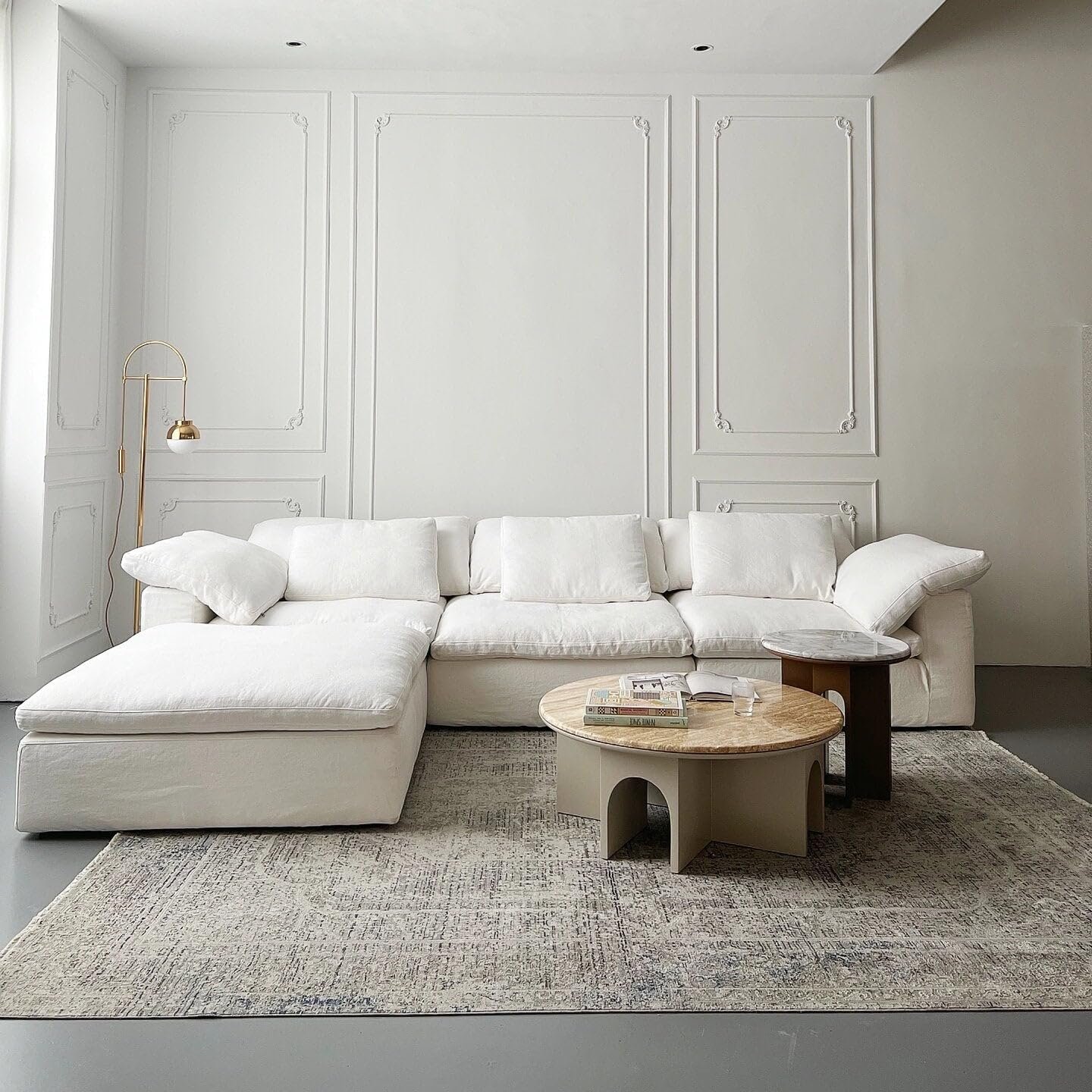 Luxury Luxe Cloud Sectional Sofa Set: Off-White Linen Cotton Modular Sofa with Footstool & Corner Options, 2-6 Seater Living Room Couch (Three Seaters (345 cm) + Footstool)
