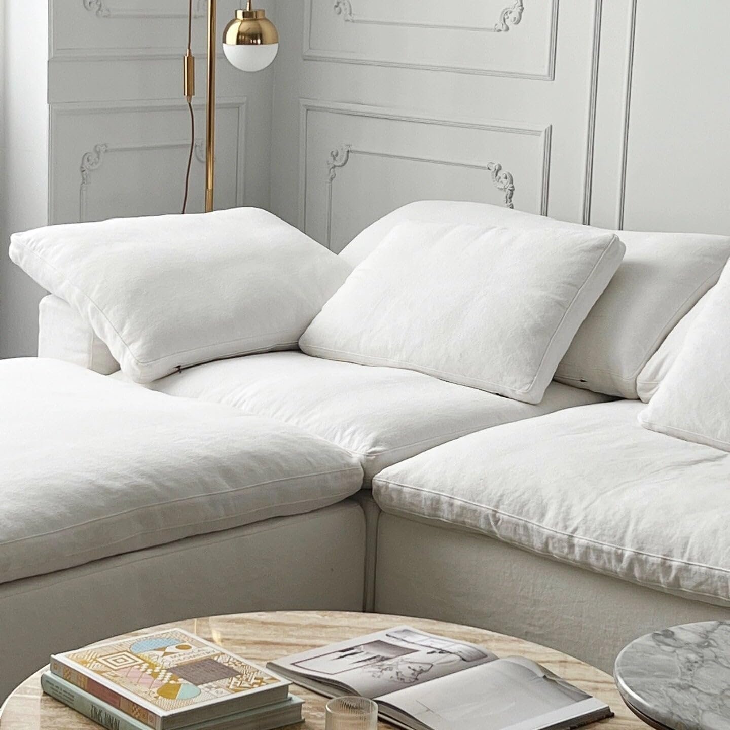 Luxury Luxe Cloud Sectional Sofa Set: Off-White Linen Cotton Modular Sofa with Footstool & Corner Options, 2-6 Seater Living Room Couch (Three Seaters (345 cm) + Footstool) - Image 3
