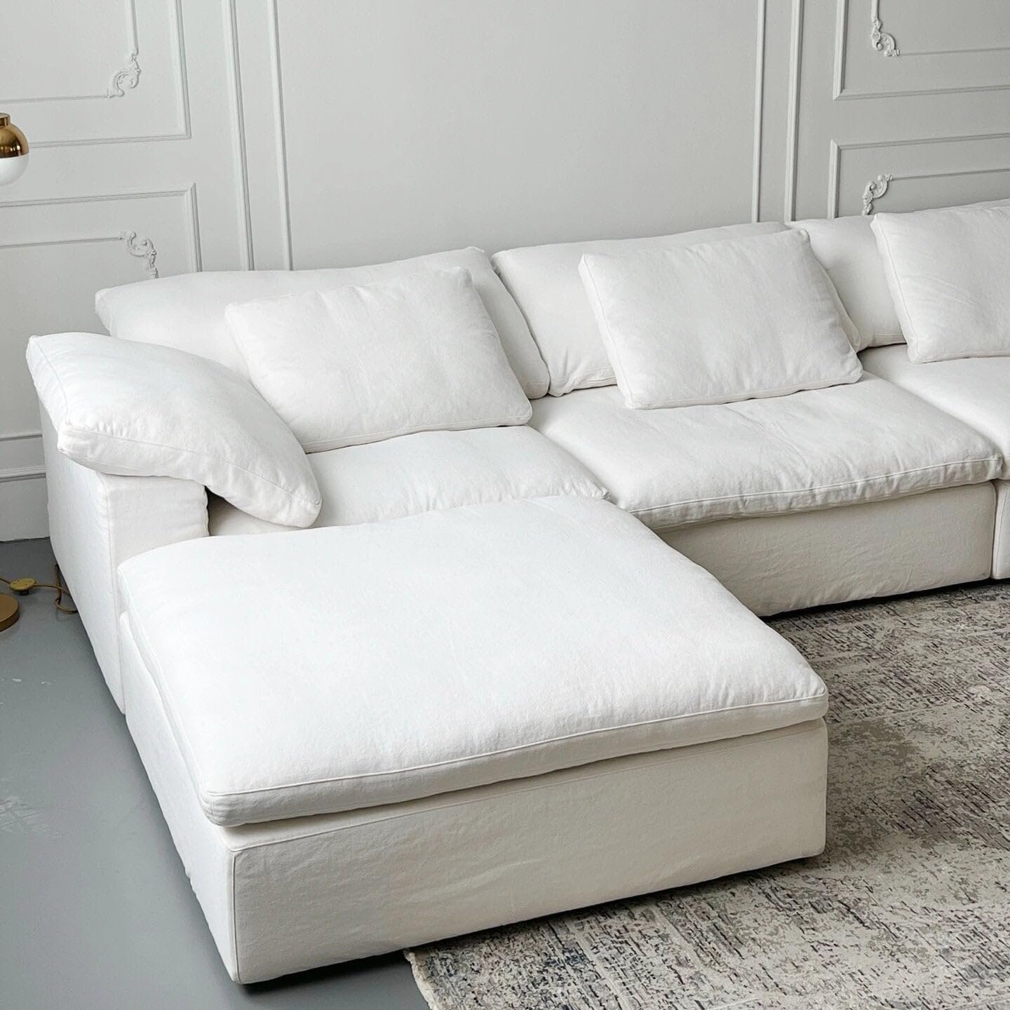 Luxury Luxe Cloud Sectional Sofa Set: Off-White Linen Cotton Modular Sofa with Footstool & Corner Options, 2-6 Seater Living Room Couch (Three Seaters (345 cm) + Footstool) - Image 5