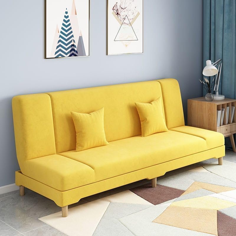 Luxury Luxe Trendy Grey Loveseat Sleeper Sofa | Modern Light Gray Cotton Linen Upholstery | Seats 4 with 2 Pillows | Solid Color Sofa Bed for Living Room, Apartment, or Guest Room (Yellow)