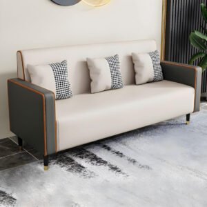 Luxury Luxe Modern Stain-Resistant Faux Leather Sofa, 3-Seat, Square Arms, Tight Back, Wood Frame, Includes 3 Pillows (Beige Grey)