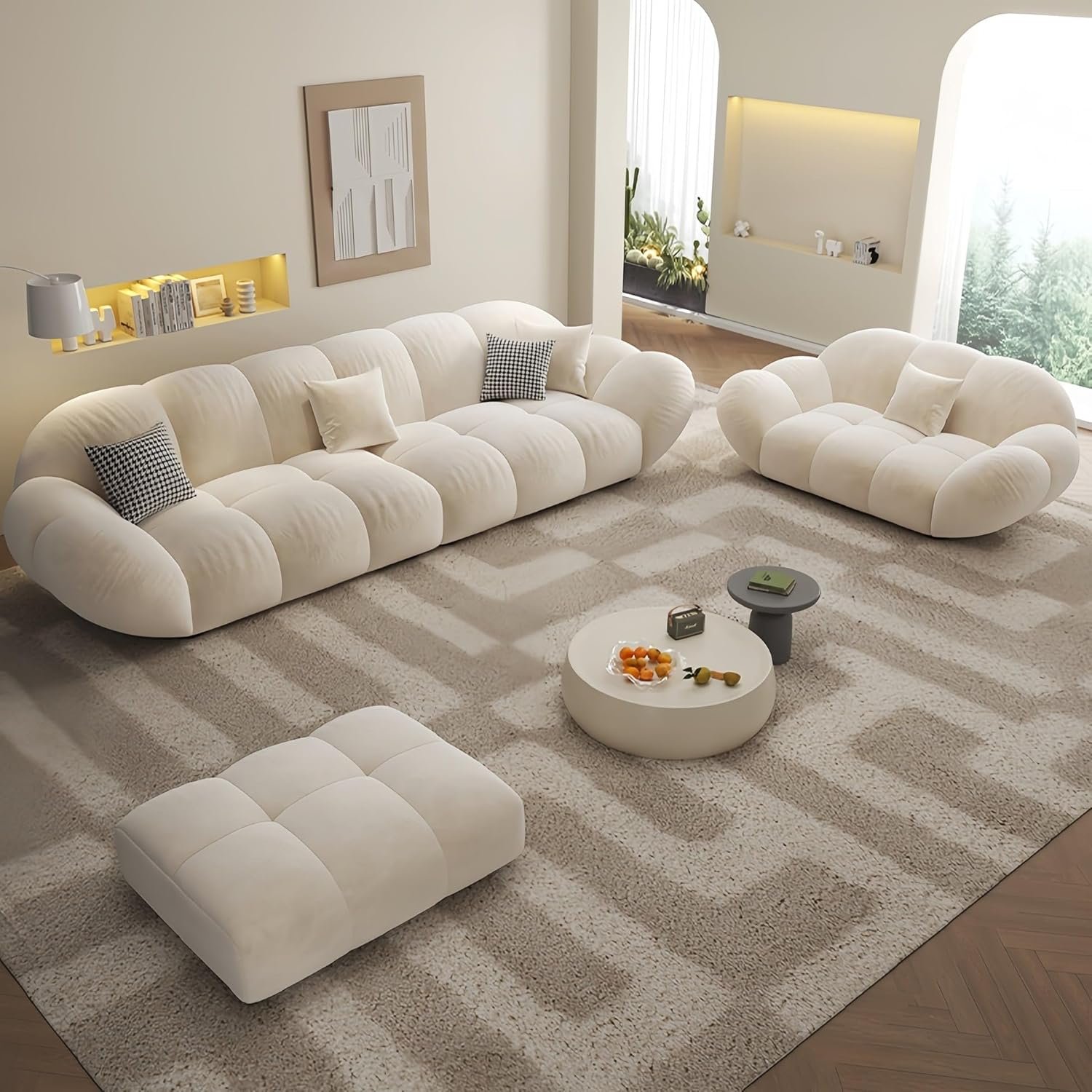 Luxury Luxe 3 Seater Italian Leisure Modular Sectional Sofa Set: Tufty Cloud Shaped, Off-White Light Luxury Fabric Sofa for Living Room with free Fabric Cleaner (Single Seater 120 cm + Footstool)