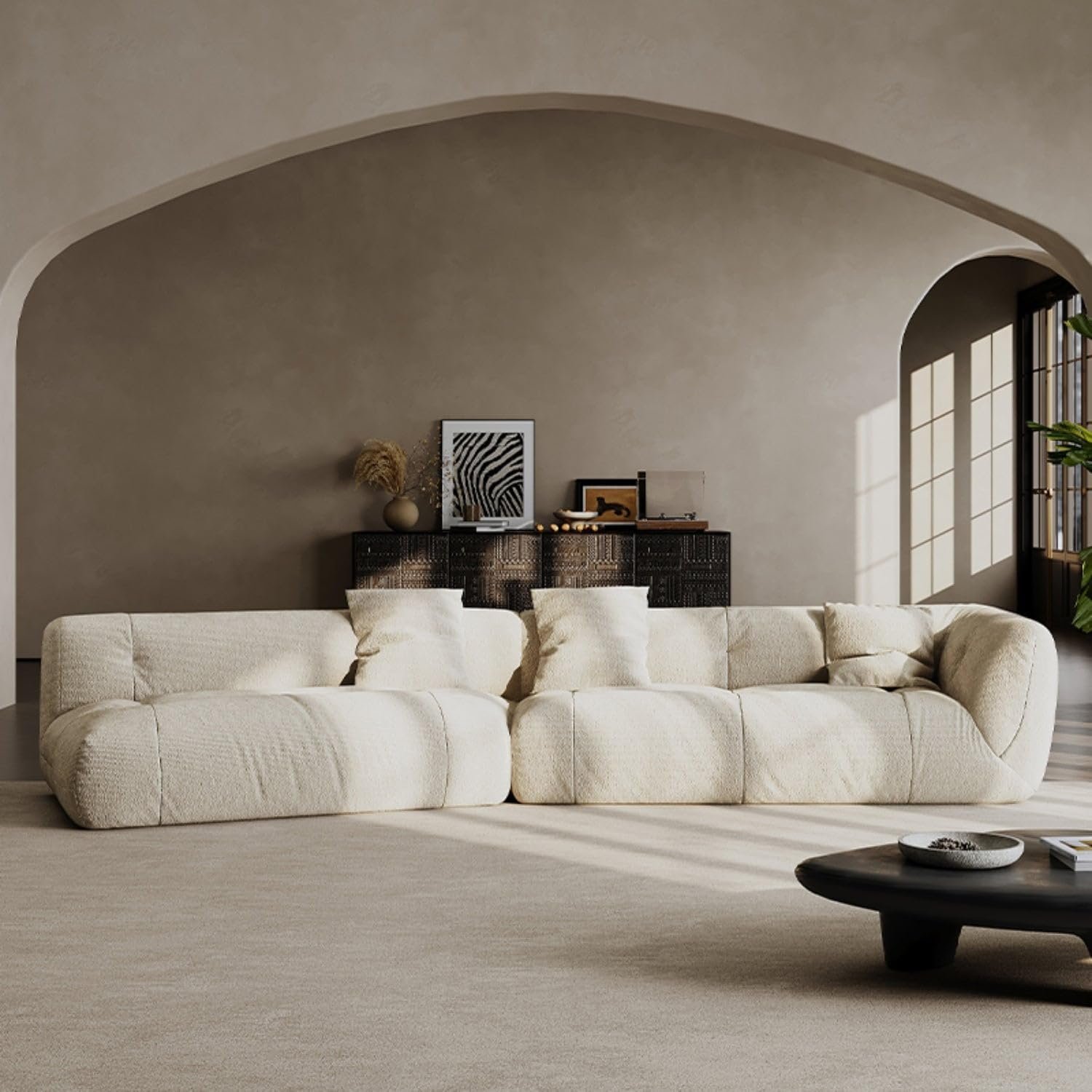 Luxury Luxe Fleece Fabric 5 Seater Sofa Set – Overstuffed Beige Couch with Backrest & Armrest | Soft Upholstery, Solid Wood Frame, High-Density Foam, Modern Multifunction Sofa for Living Room & Office - Image 5