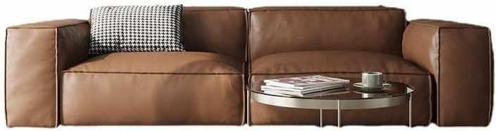 Luxury Luxe Italian Faux Leather Sofa 3-Seater - Modern Tofu Block Cube Design for Living Room, Office, Hotel (Brown) - Image 3