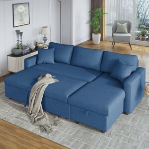 LUXURY LUXE Hunter 3-Seater Diwan Sofa Cum Bed - Blue | Convertible Chaise, In-Built Storage & Foam-Coil Comfort | Multi-Functional Living Room, Apartment Furniture