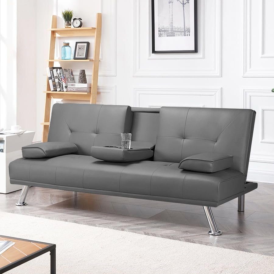 LUXURY LUXE Strandom 2-Seater Futon Sofa Bed Adjustable Backrest, Hidden Cup Holders | Grey Faux Leather, Solid Wood & Stainless Steel | Space-Saving Multi-Room Sleeper