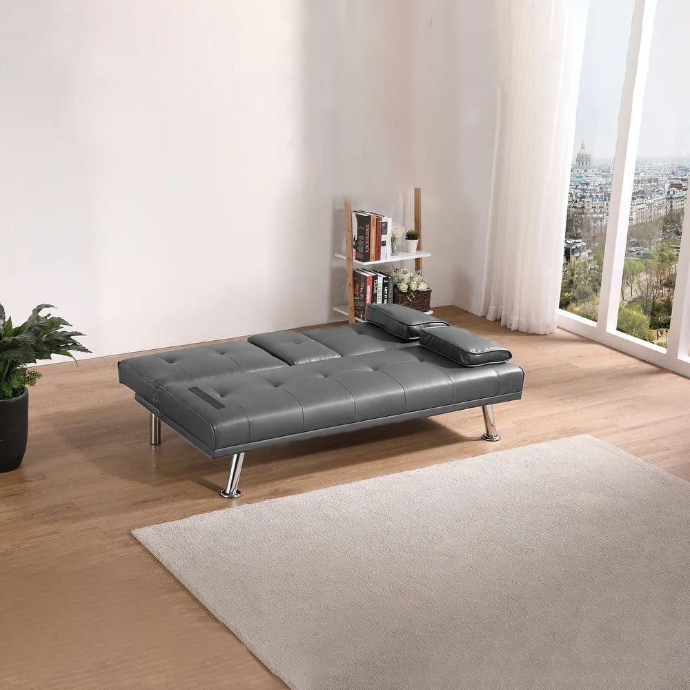 LUXURY LUXE Strandom 2-Seater Futon Sofa Bed Adjustable Backrest, Hidden Cup Holders | Grey Faux Leather, Solid Wood & Stainless Steel | Space-Saving Multi-Room Sleeper - Image 2