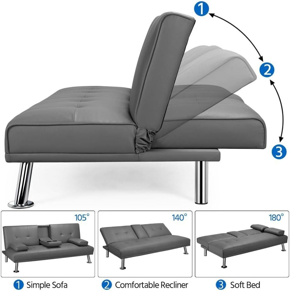 LUXURY LUXE Strandom 2-Seater Futon Sofa Bed Adjustable Backrest, Hidden Cup Holders | Grey Faux Leather, Solid Wood & Stainless Steel | Space-Saving Multi-Room Sleeper - Image 3
