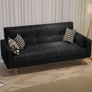 Luxury Luxe Modern Convertible Loveseat – Light Blue Cotton & Linen Sofa, Square Arm Compact Design for Small Spaces, Includes 3 Pillows, Natural Wood Legs, Easy Assembly (Grey)