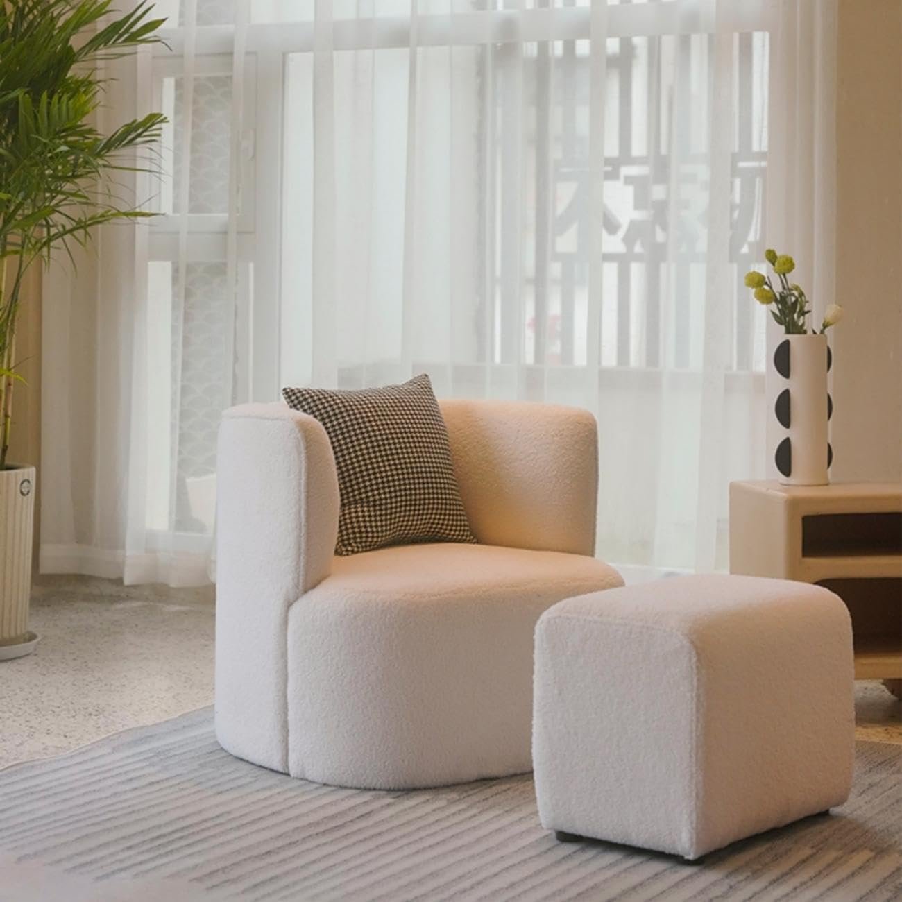 Luxury Luxe Overstuffed Fleece Sofa Chair Set: Multifunction Single Seater with Footstool for Living Room & Office, Plush Beige Comfort