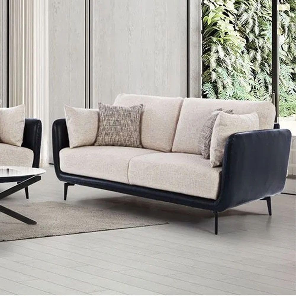 LUXURY LUXE Portsmount 2-Seater Fabric Sofa - Beige/Midnight Blue | Dual-Tone Modern Design, Foam Cushions | Stylish Living Room, Apartment Furniture