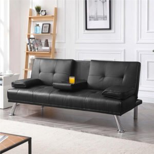 LUXURY LUXE Strandom 2-Seater Futon Sofa Bed - Black | 3-Adjustable Backrest, Hidden Cup Holders & Faux Leather | Sleek Modern Sofa Bed for Apartment, Office, Living Room