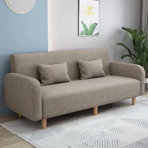 Comfynest Seats 3 Modern Small Solid Wood Frame Foam-Filled Sofa with Square Arm – Flannel Upholstery, Space-Saving, Cushion Back (150 x 65 x 75 cm) (Khaki)