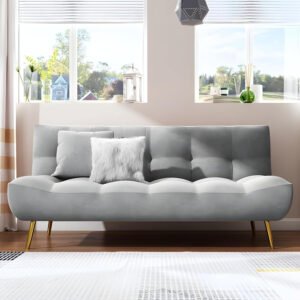 Comfynest Scandinavian Tufted Back Couch Armless Sofa Bed with Brass Legs - Convertible Sleeper for Living Room, Bedroom, or Office (Grey)