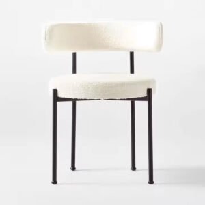 Comfynest Modern Nordic White Wool Blend Boucle Fabric Black Metal Leg Café Lambswool Dining Chair