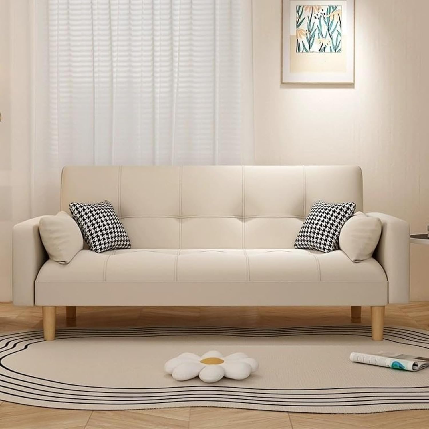 Comfynest Modern Convertible Sleeper with Wooden Frame and Tufted Back – Tech Cloth Sofa Bed, 180 x 72 x 75 cm (Beige) - Image 3