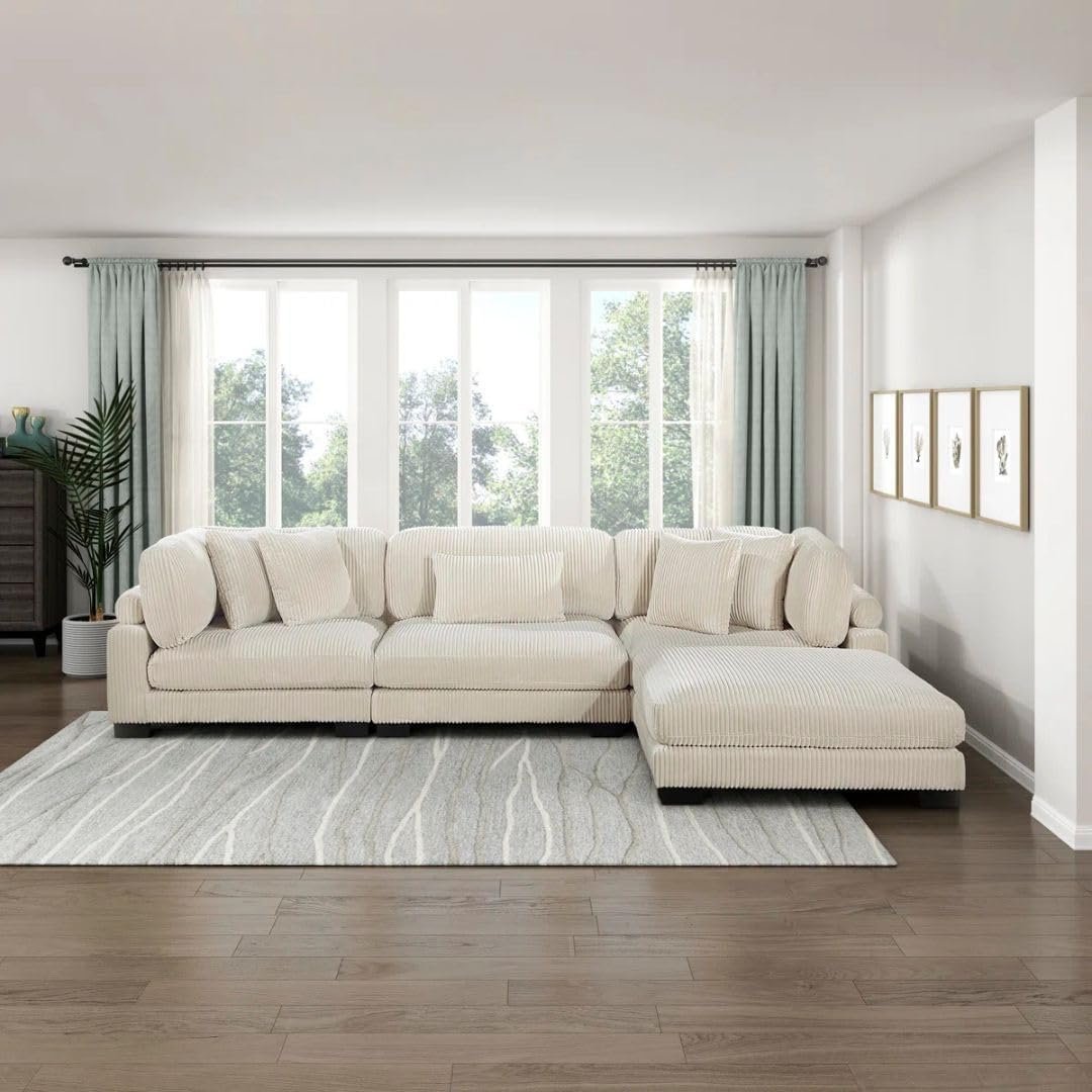 Comfynest 135″ L‑Shaped Modular Corduroy Sectional Sofa – Track‑Arm Couch with Ottoman & Toss Pillows (Beige Corduroy)