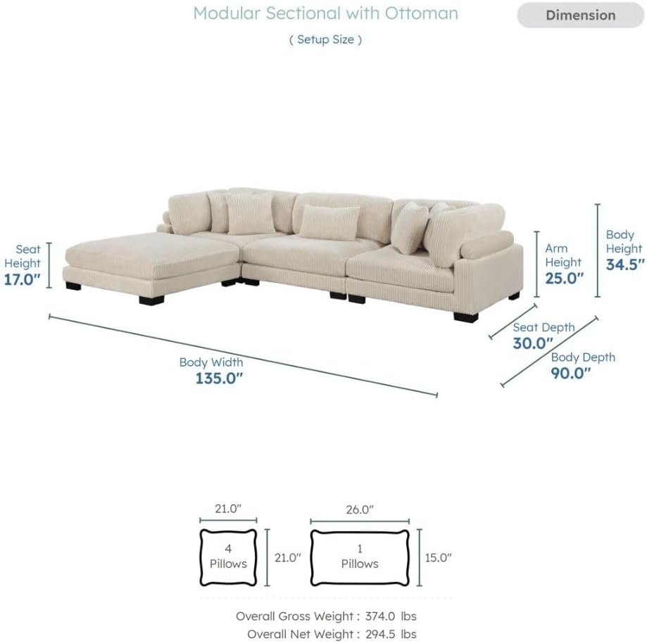 Comfynest 135″ L‑Shaped Modular Corduroy Sectional Sofa – Track‑Arm Couch with Ottoman & Toss Pillows (Beige Corduroy) - Image 2