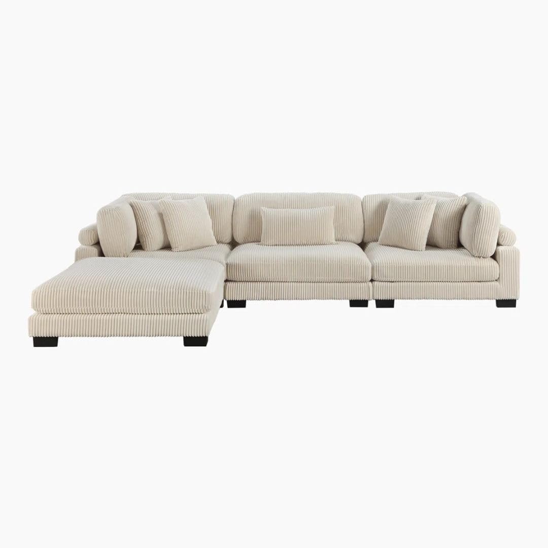 Comfynest 135″ L‑Shaped Modular Corduroy Sectional Sofa – Track‑Arm Couch with Ottoman & Toss Pillows (Beige Corduroy) - Image 4