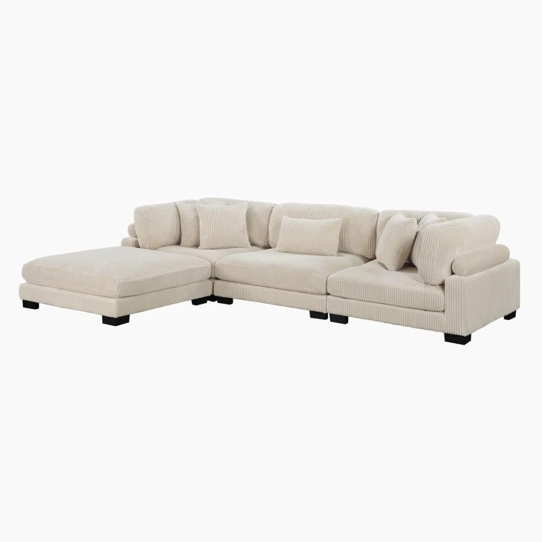 Comfynest 135″ L‑Shaped Modular Corduroy Sectional Sofa – Track‑Arm Couch with Ottoman & Toss Pillows (Beige Corduroy) - Image 6