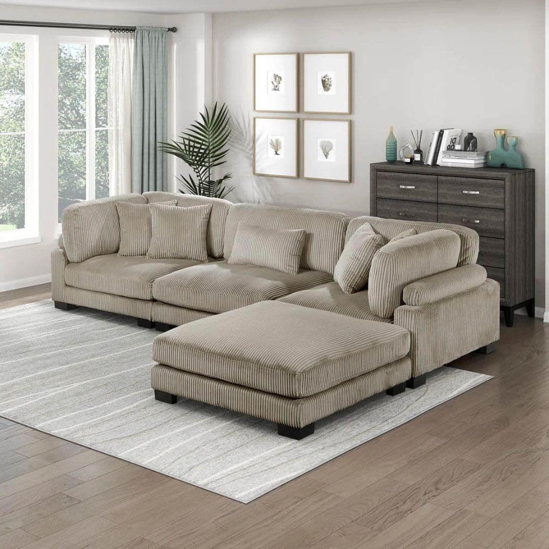 Comfynest 135″ L‑Shaped Modular Corduroy Sectional Sofa – Track‑Arm Couch with Ottoman & Toss Pillows (Beige Corduroy) - Image 8