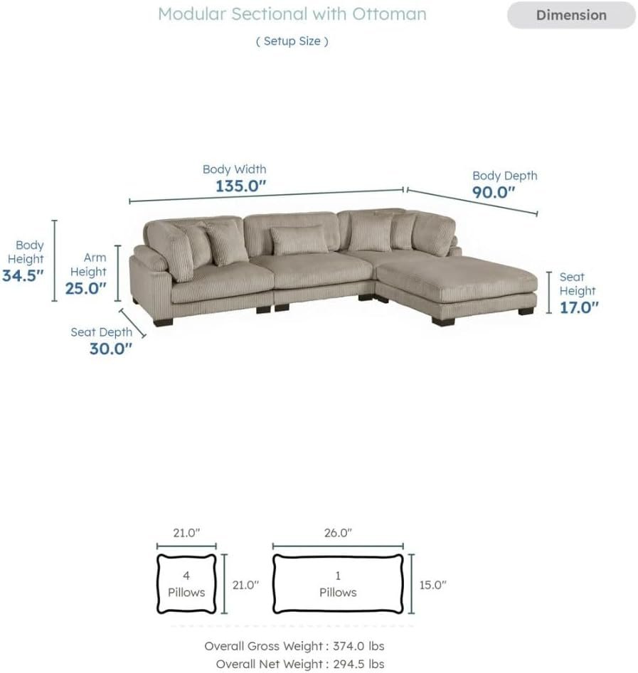 Comfynest 135″ L‑Shaped Modular Corduroy Sectional Sofa – Track‑Arm Couch with Ottoman & Toss Pillows (Beige Corduroy) - Image 9