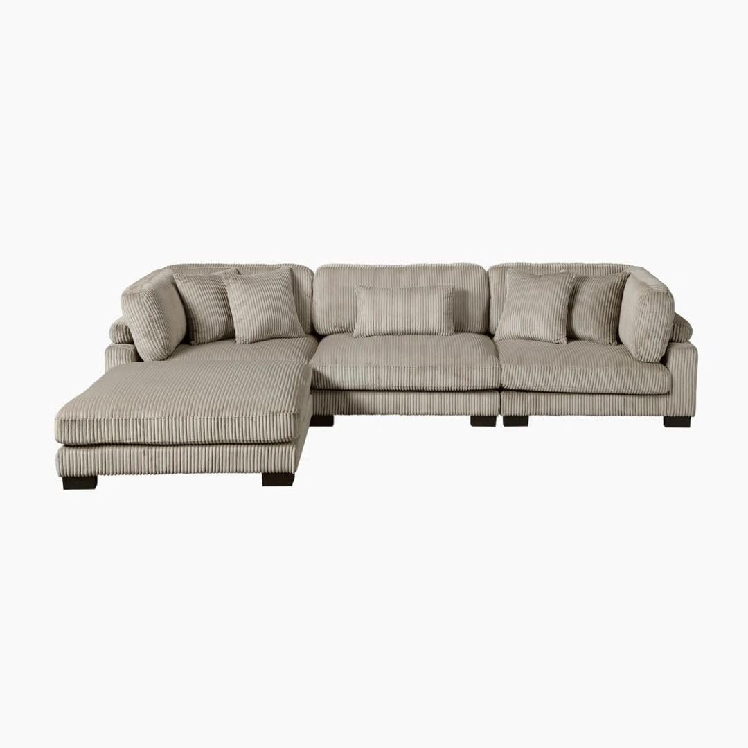 Comfynest 135″ L‑Shaped Modular Corduroy Sectional Sofa – Track‑Arm Couch with Ottoman & Toss Pillows (Beige Corduroy) - Image 11