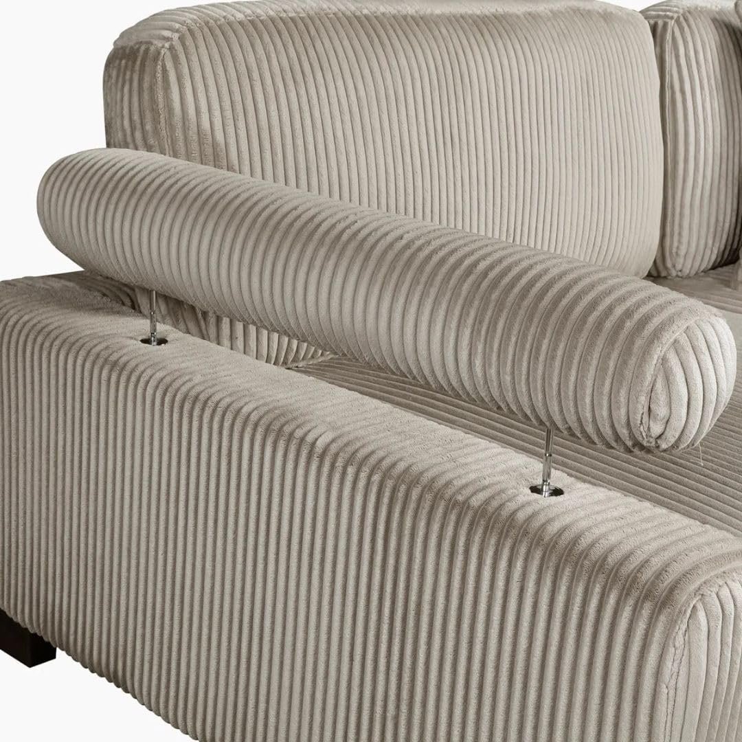 Comfynest 135″ L‑Shaped Modular Corduroy Sectional Sofa – Track‑Arm Couch with Ottoman & Toss Pillows (Beige Corduroy) - Image 12
