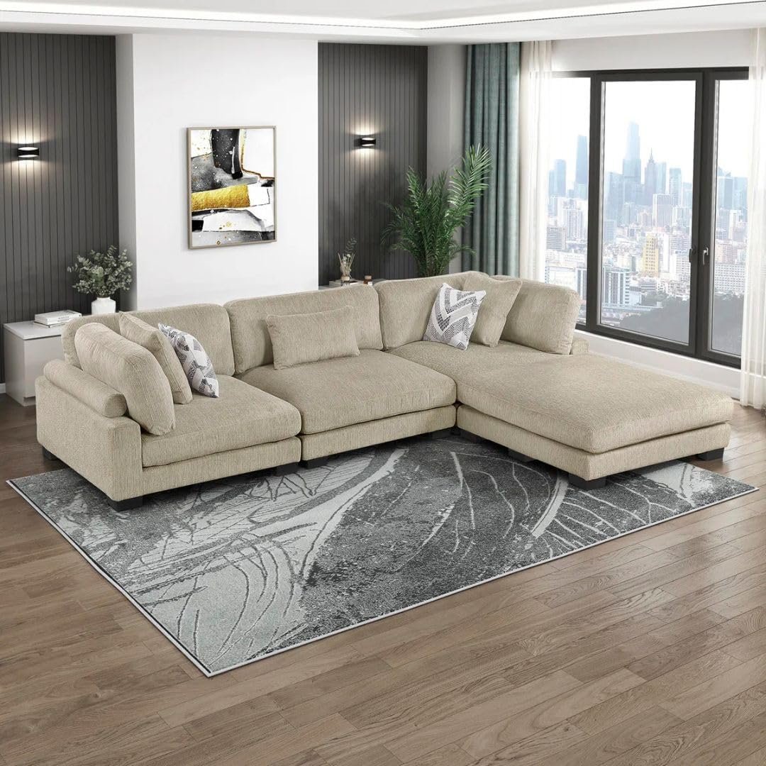 Comfynest 135″ L‑Shaped Modular Corduroy Sectional Sofa – Track‑Arm Couch with Ottoman & Toss Pillows (Beige Corduroy) - Image 15