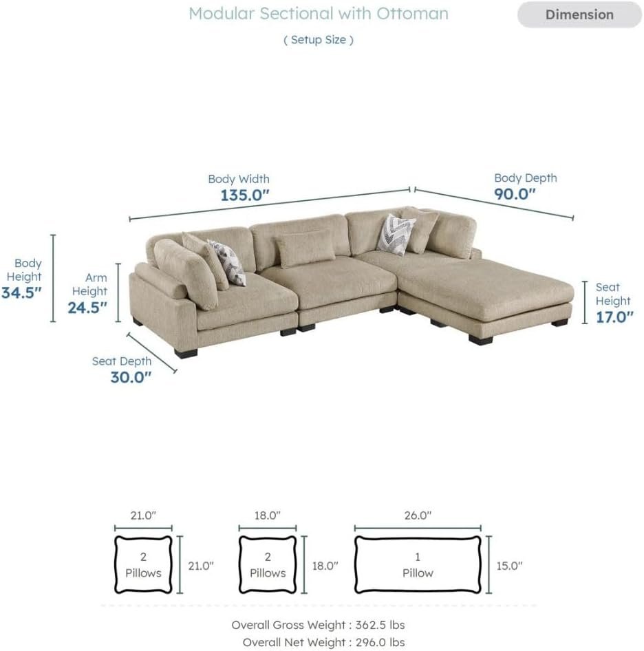 Comfynest 135″ L‑Shaped Modular Corduroy Sectional Sofa – Track‑Arm Couch with Ottoman & Toss Pillows (Beige Corduroy) - Image 16