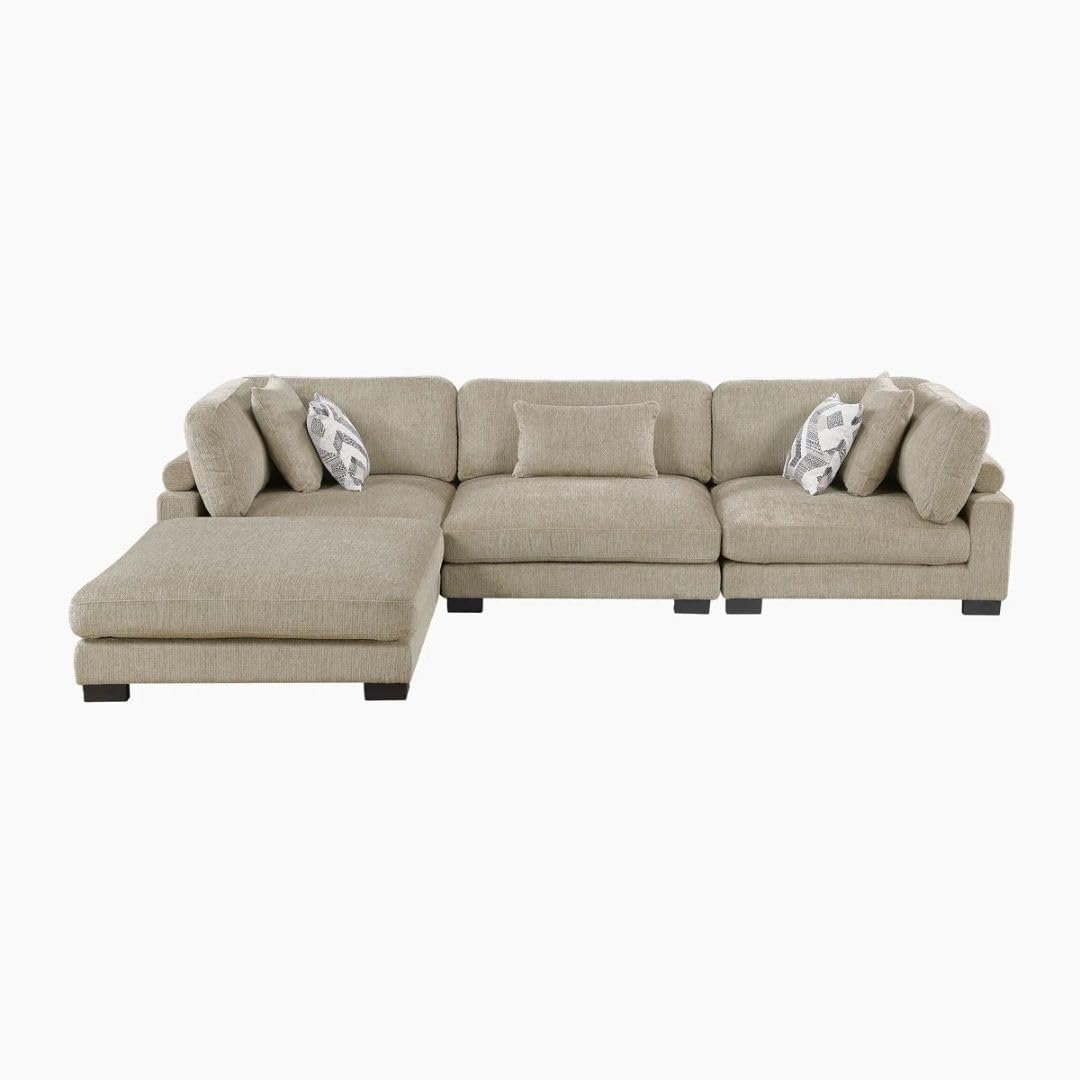Comfynest 135″ L‑Shaped Modular Corduroy Sectional Sofa – Track‑Arm Couch with Ottoman & Toss Pillows (Beige Corduroy) - Image 18