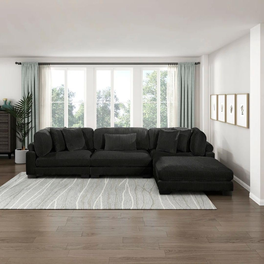 Comfynest 135″ L‑Shaped Modular Corduroy Sectional Sofa – Track‑Arm Couch with Ottoman & Toss Pillows (Beige Corduroy) - Image 24