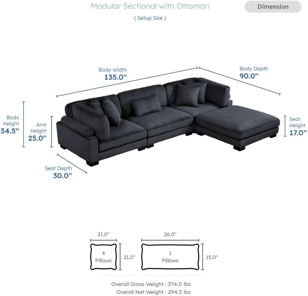 Comfynest 135″ L‑Shaped Modular Corduroy Sectional Sofa – Track‑Arm Couch with Ottoman & Toss Pillows (Beige Corduroy) - Image 25