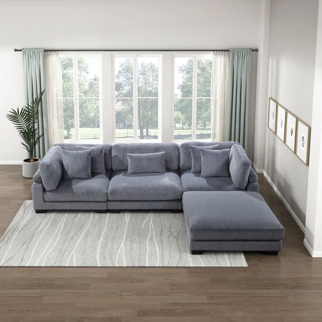 Comfynest 135″ L‑Shaped Modular Corduroy Sectional Sofa – Track‑Arm Couch with Ottoman & Toss Pillows (Beige Corduroy) - Image 30