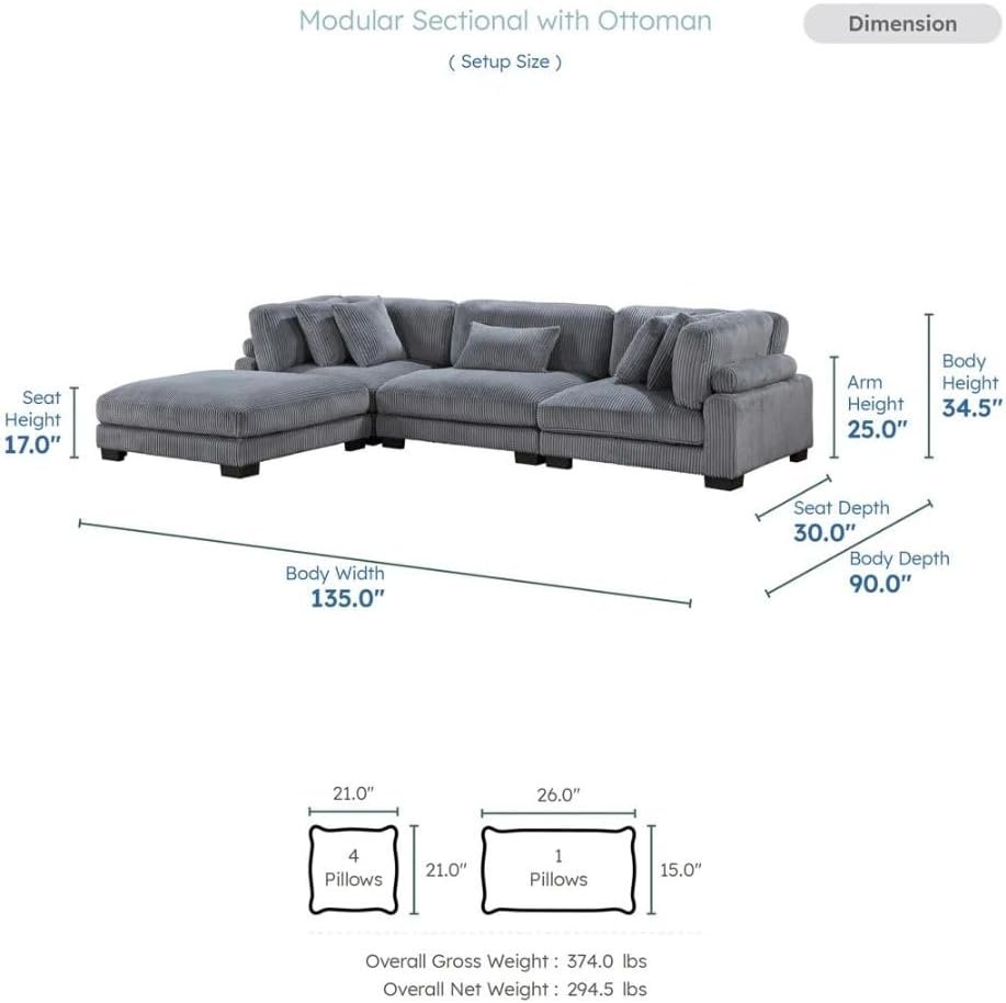 Comfynest 135″ L‑Shaped Modular Corduroy Sectional Sofa – Track‑Arm Couch with Ottoman & Toss Pillows (Beige Corduroy) - Image 31