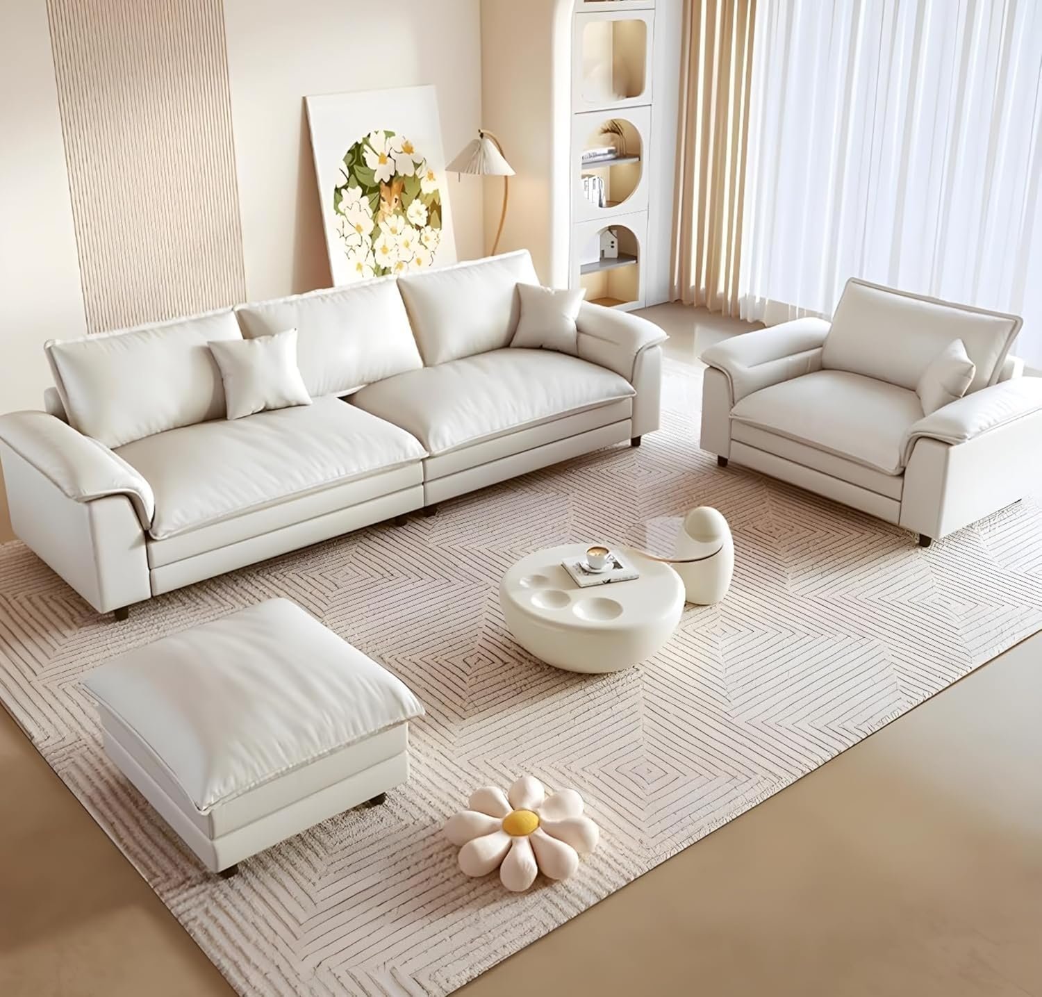 Comfynest Modern 3/4-Seat Standard Sofa with Pillow Top Arm and Pillows, Off-White, 299.72 x 78.74 x 71.12 cm, Living Room Sofa (4-Seater)