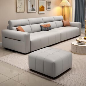 Comfynest Extra Long 4-Seater Wooden Sofa With Durable Anti-Scratch Fabric & Included Ottoman 279.4 X 93.98 X 91.44 Cm + 71.12 X 71.12 X 40.64 Cm Silver Gray 1PN