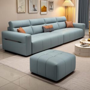 Comfynest Extra Long 4-Seater Wooden Sofa With Durable Anti-Scratch Fabric & Included Ottoman 279.4 X 93.98 X 91.44 Cm + 71.12 X 71.12 X 40.64 Cm Light Blue 1PN