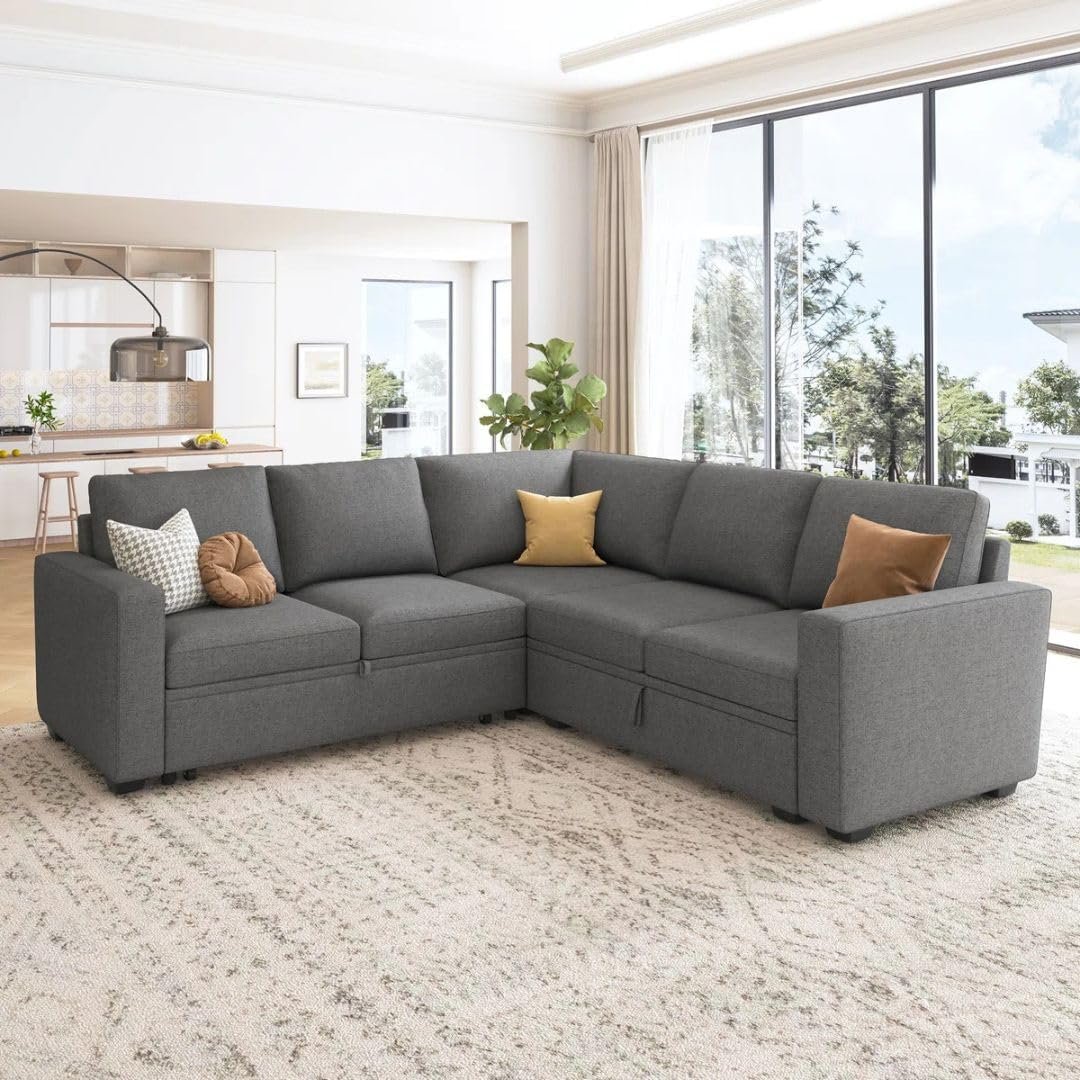 Comfynest Modular Sleeper Sectional Sofa Bed – L-Shaped Couch with Storage Seat, Pull-Out Bed & Reversible Chaise (Grey)