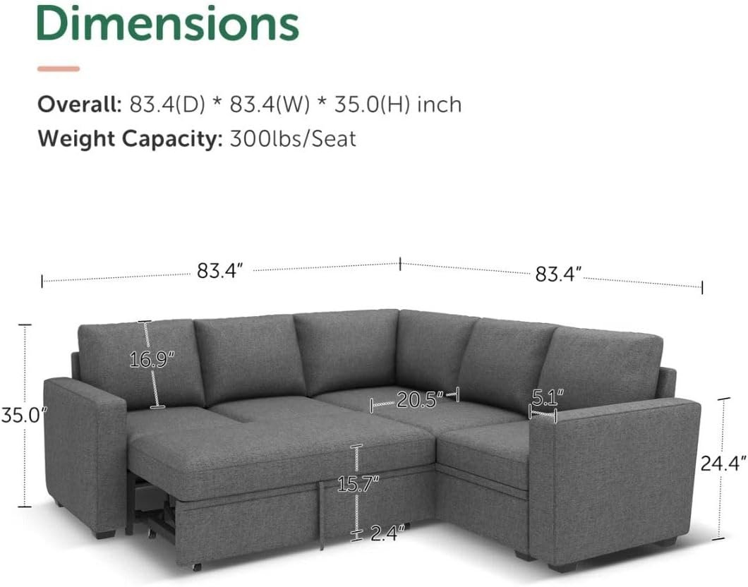 Comfynest Modular Sleeper Sectional Sofa Bed – L-Shaped Couch with Storage Seat, Pull-Out Bed & Reversible Chaise (Grey) - Image 2