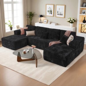 Comfynest Cloudelle-Style 6‑Piece Sectional Sofa – Plush Corduroy U‑Shape with Ottoman & Toss Pillows, Modern Modular Sofa With Deep Seat (Black)