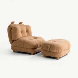 Comfynest Kids & Teens Lounge Chair with Ottoman – Cozy Plush Teddy-Bear Texture, Cute Ear Details, Comfortable Seating for Reading and Relaxing, Brown Fabric, Sturdy Wooden Frame