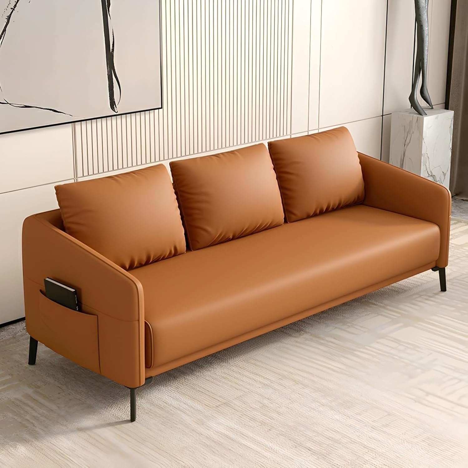 Comfynest Modern Wood Frame Standard Sofa | Tear-Resistant Leather Upholstery | Solid Color | 3-Seater Couch with Square Arms | No Assembly Required (Orange)