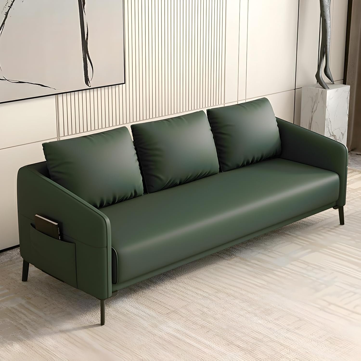 Comfynest Modern Wood Frame Standard Sofa | Tear-Resistant Leather Upholstery | Solid Color | 3-Seater Couch with Square Arms | No Assembly Required (Orange) - Image 3