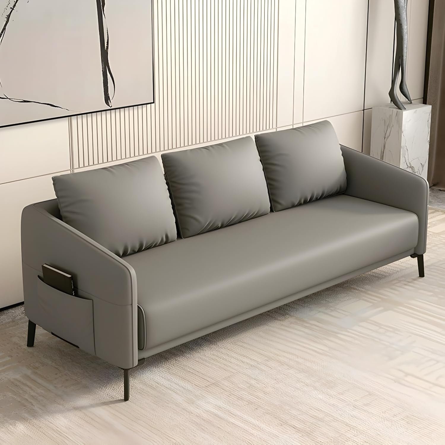 Comfynest Modern Wood Frame Standard Sofa | Tear-Resistant Leather Upholstery | Solid Color | 3-Seater Couch with Square Arms | No Assembly Required (Orange) - Image 7