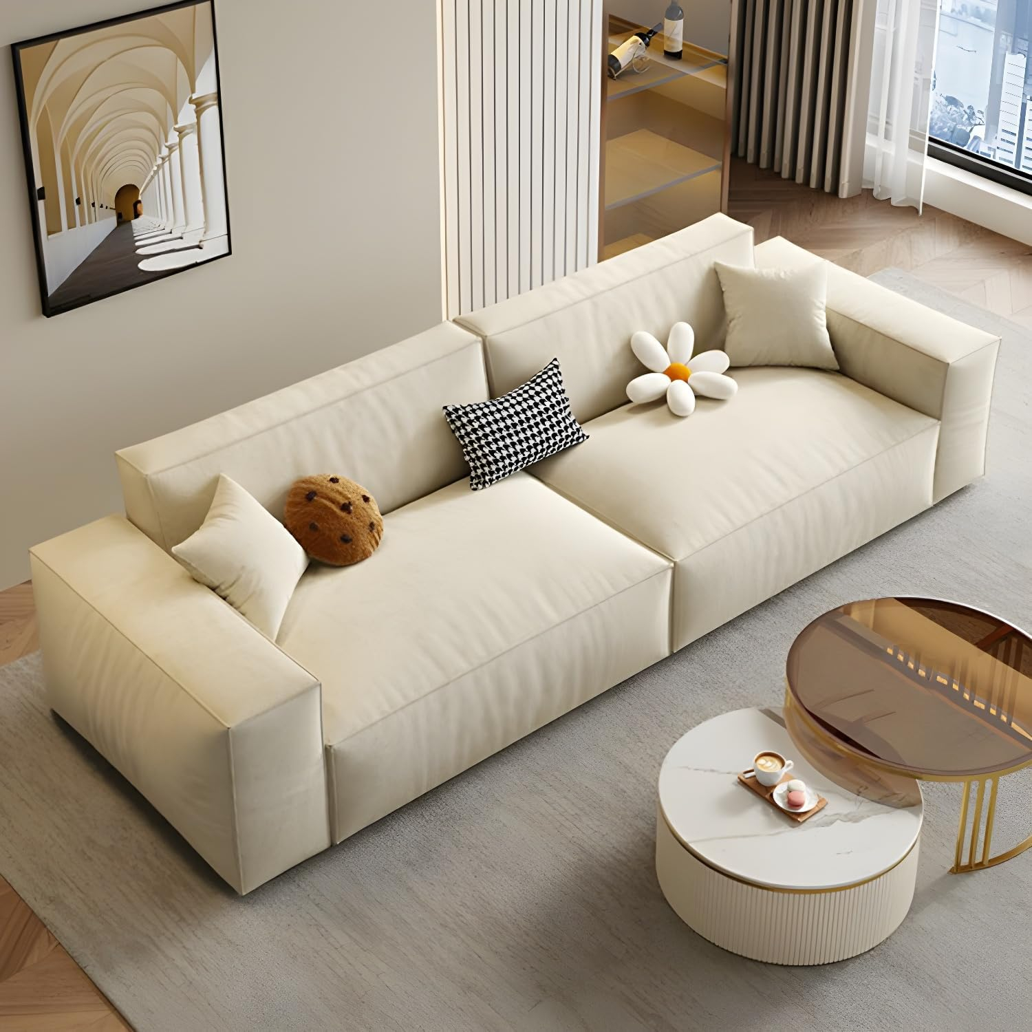 Comfynest Water Resistant Off-White Modern Sofa With Beige Upholstery - Wood Frame Foam Seat Filling, 340.36 X 93.98 X 73.66 Cm + 71.12 X 78.74 X 40.64 Cm Off-White - Image 3