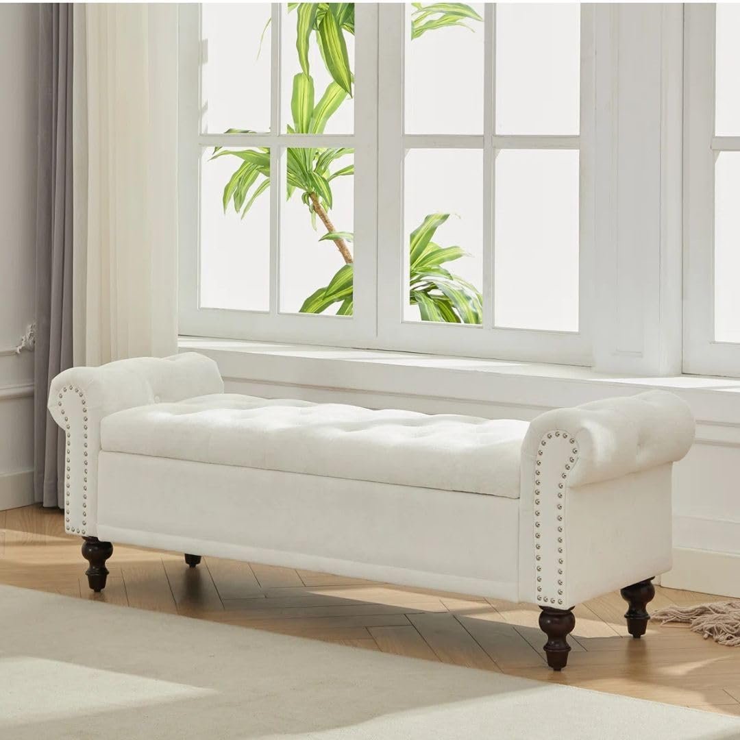 Comfynest Moern Velvet/Linen Storage Bench with Segmented Compartments, Button-Tufted Flip Top, Nailhead Accents – Stylish Organizing Bench for Bedroom/Foyer (White)