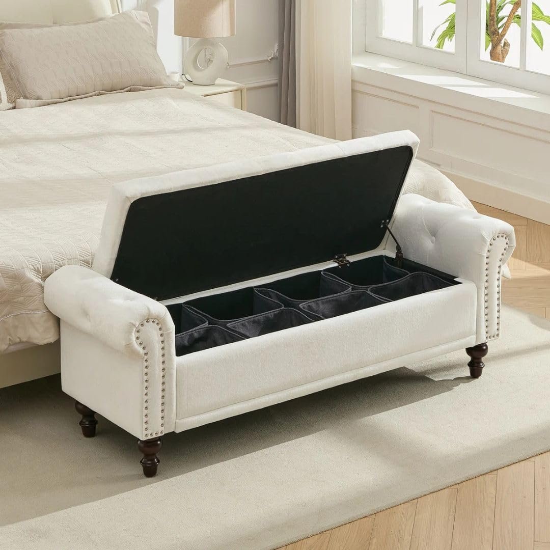 Comfynest Moern Velvet/Linen Storage Bench with Segmented Compartments, Button-Tufted Flip Top, Nailhead Accents – Stylish Organizing Bench for Bedroom/Foyer (White) - Image 3
