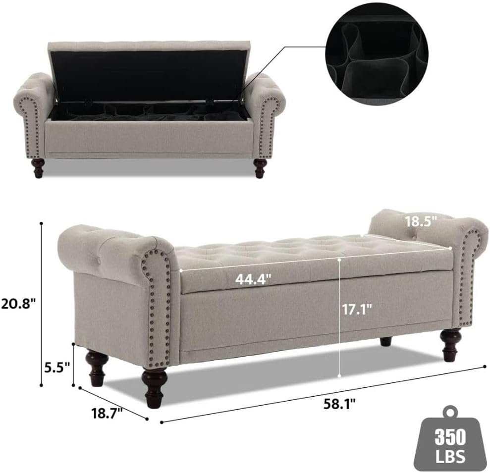 Comfynest Moern Velvet/Linen Storage Bench with Segmented Compartments, Button-Tufted Flip Top, Nailhead Accents – Stylish Organizing Bench for Bedroom/Foyer (White) - Image 17