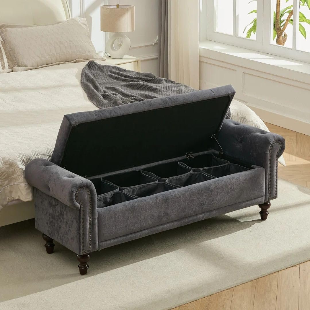 Comfynest Moern Velvet/Linen Storage Bench with Segmented Compartments, Button-Tufted Flip Top, Nailhead Accents – Stylish Organizing Bench for Bedroom/Foyer (White) - Image 25